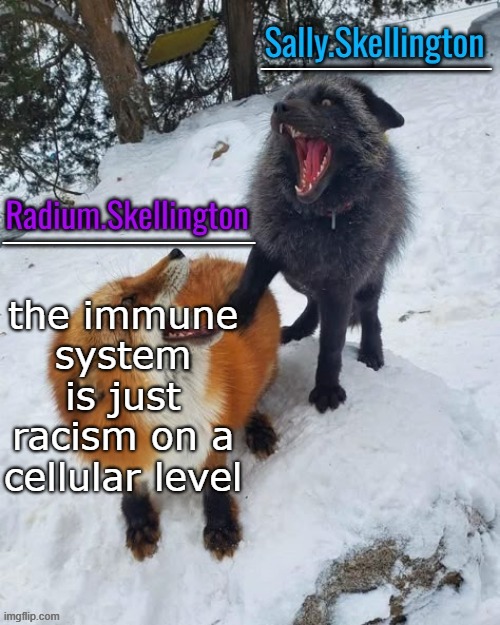 Radium and Sally temp | the immune system is just racism on a cellular level | image tagged in radium and sally temp | made w/ Imgflip meme maker