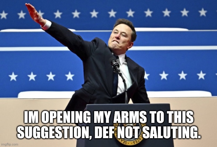 Nazi Elon | IM OPENING MY ARMS TO THIS SUGGESTION, DEF NOT SALUTING. | image tagged in nazi elon | made w/ Imgflip meme maker
