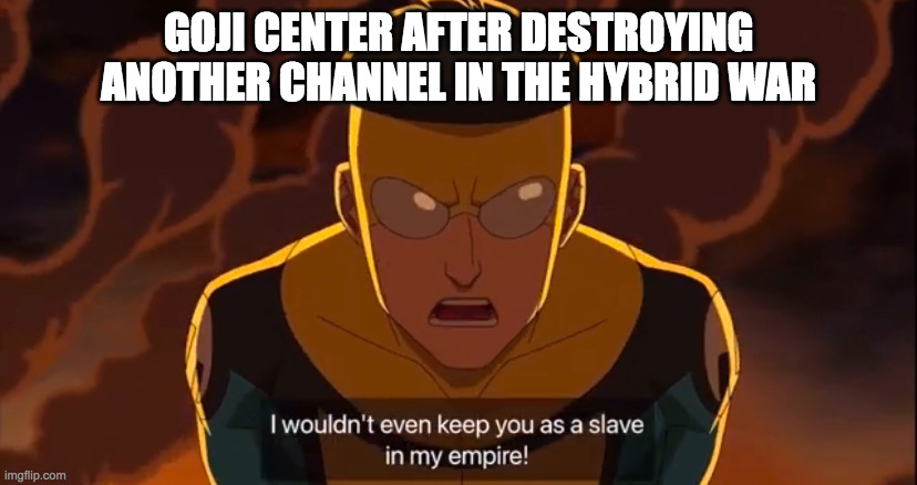 i wouldnt even keep you as a slave | GOJI CENTER AFTER DESTROYING ANOTHER CHANNEL IN THE HYBRID WAR | image tagged in i wouldnt even keep you as a slave | made w/ Imgflip meme maker
