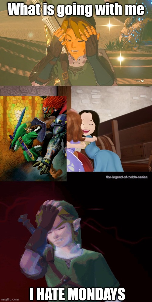 Link hates affection from Ruby Jade and Sofia as well as hating mondays | What is going with me; I HATE MONDAYS | image tagged in link wtf,sofia the first,the legend of zelda,fun,funny memes,memes | made w/ Imgflip meme maker