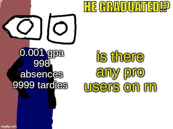 HE GRADUATED!? | is there any pro users on rn | image tagged in he graduated | made w/ Imgflip meme maker