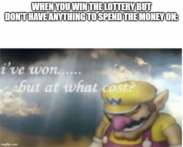 even if i'm smart, i would still waste it on something dumb | WHEN YOU WIN THE LOTTERY BUT DON'T HAVE ANYTHING TO SPEND THE MONEY ON: | image tagged in i won but at what cost | made w/ Imgflip meme maker