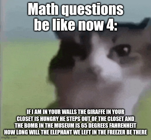 the answer is 4.5 hours | Math questions be like now 4:; IF I AM IN YOUR WALLS THE GIRAFFE IN YOUR CLOSET IS HUNGRY HE STEPS OUT OF THE CLOSET AND THE BOMB IN THE MUSEUM IS 65 DEGREES FAHRENHEIT HOW LONG WILL THE ELEPHANT WE LEFT IN THE FREEZER BE THERE | image tagged in math meme | made w/ Imgflip meme maker
