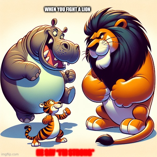 Hippo and tiger vs lion? | WHEN YOU FIGHT A LION; HE SAY “I’M STRONG” | image tagged in funny memes | made w/ Imgflip meme maker