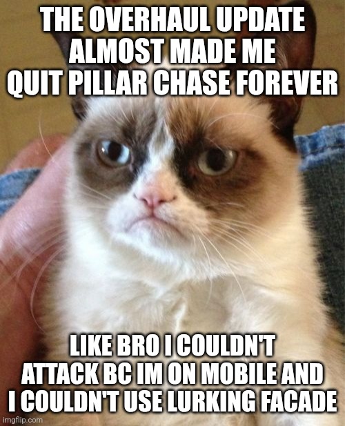 The Overhaul update almost made Me quit Pillar Chase | THE OVERHAUL UPDATE ALMOST MADE ME QUIT PILLAR CHASE FOREVER; LIKE BRO I COULDN'T ATTACK BC IM ON MOBILE AND I COULDN'T USE LURKING FACADE | image tagged in memes,grumpy cat | made w/ Imgflip meme maker