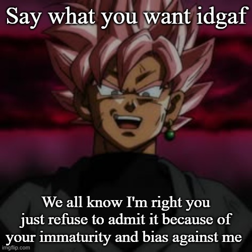 SSJR Black | Say what you want idgaf; We all know I'm right you just refuse to admit it because of your immaturity and bias against me | image tagged in ssjr black | made w/ Imgflip meme maker