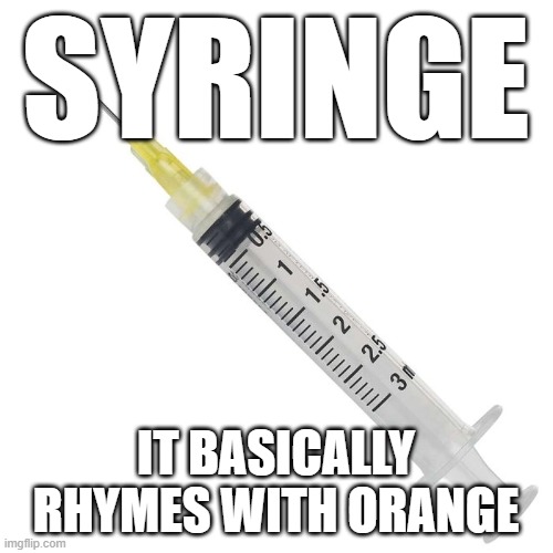 SYRINGE IT BASICALLY RHYMES WITH ORANGE | made w/ Imgflip meme maker