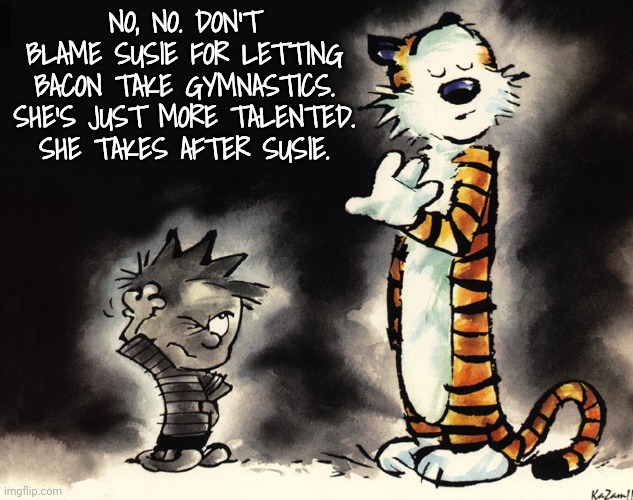 History denied | NO, NO. DON'T BLAME SUSIE FOR LETTING BACON TAKE GYMNASTICS. SHE'S JUST MORE TALENTED. SHE TAKES AFTER SUSIE. | image tagged in history denied | made w/ Imgflip meme maker