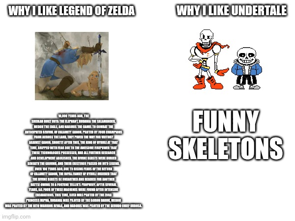 WHY I LIKE UNDERTALE; WHY I LIKE LEGEND OF ZELDA; FUNNY SKELETONS; 10,000 YEARS AGO, THE SHEIKAH BUILT RUTA THE ELEPHANT, RUDANIA THE SALAMANDER, MEDOH THE EAGLE, AND NABORIS THE CAMEL TO COMBAT THE ANTICIPATED REVIVAL OF CALAMITY GANON. PILOTED BY FOUR CHAMPIONS FROM ACROSS THE LAND, THEY PAVED THE WAY FOR VICTORY AGAINST GANON. SHORTLY AFTER THIS, THE KING OF HYRULE AT THAT TIME, GRIPPED WITH FEAR DUE TO THE AWESOME FIREPOWER THAT THESE TECHNOLOGIES POSSESSED, HAD ALL FURTHER RESEARCH AND DEVELOPMENT ABOLISHED. THE DIVINE BEASTS WERE BURIED BENEATH THE GROUND, AND THEIR EXISTENCE PASSED ON INTO LEGEND.
OVER 100 YEARS AGO, DUE TO RISING FEARS OF THE RETURN OF CALAMITY GANON, THE ROYAL FAMILY OF HYRULE ORDERED THAT THE DIVINE BEASTS BE UNEARTHED AND READIED FOR ANOTHER BATTLE OWING TO A FORTUNE TELLER'S PROPHECY. AFTER SEVERAL YEARS, ALL FOUR OF THESE MACHINES WERE FOUND AFTER INTENSIVE EXCAVATIONS. THIS TIME, RUTA WAS PILOTED BY THE ZORA PRINCESS MIPHA, RUDANIA WAS PILOTED BY THE GORON DARUK, MEDOH WAS PILOTED BY THE RITO WARRIOR REVALI, AND NABORIS WAS PILOTED BY THE GERUDO CHIEF URBOSA. | made w/ Imgflip meme maker