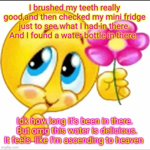 . | I brushed my teeth really good,and then checked my mini fridge just to see what I had in there. And I found a water bottle in there. Idk how long it's been in there.   But omg this water is delicious. It feels  like I'm ascending to heaven | made w/ Imgflip meme maker