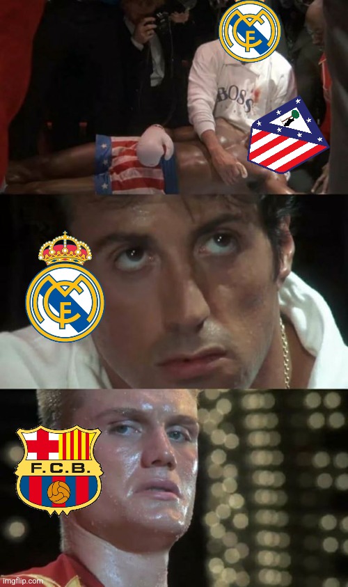 Real Madrid - Barcelona, Cup Final | Tonight at 22:00 pm live on TVE 1, TV3 Catalonia and Movistar Plus+ | image tagged in rocky drago apollo,barcelona,real madrid,copa del rey,spain,soccer | made w/ Imgflip meme maker