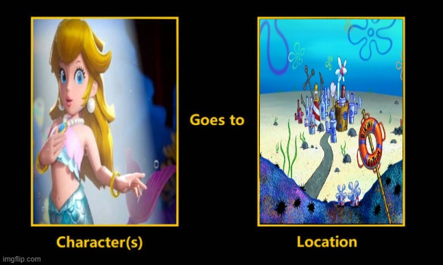 mermaid peach does to bikini bottom | image tagged in mermaid peach goes to blank underwater place,bikini,spongebob,videogames,super mario,princess peach | made w/ Imgflip meme maker