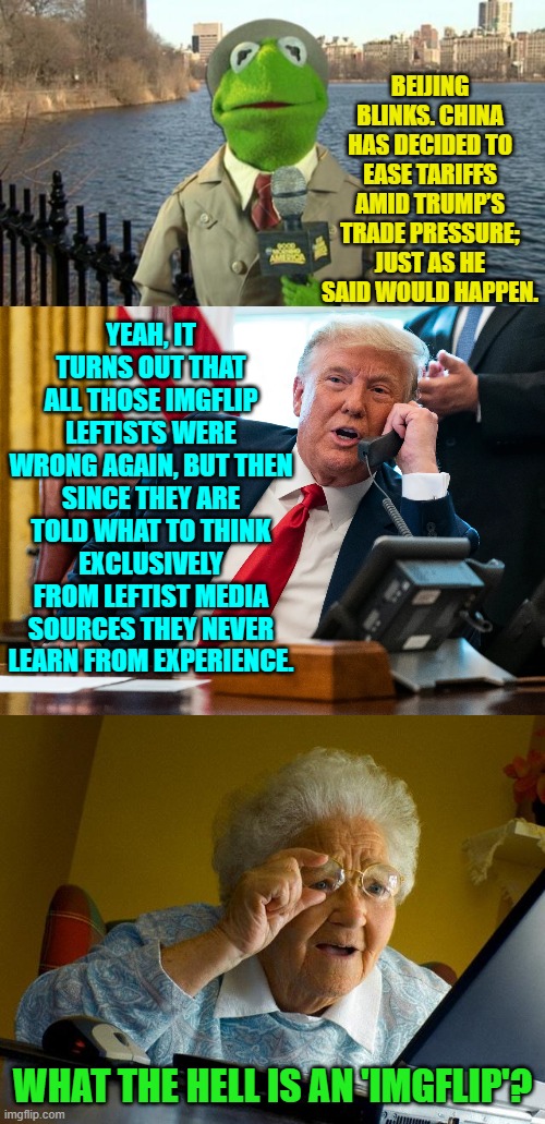 Don't worry don, I won't post this meme on YOUR stream. | BEIJING BLINKS. CHINA HAS DECIDED TO EASE TARIFFS AMID TRUMP’S TRADE PRESSURE; JUST AS HE SAID WOULD HAPPEN. YEAH, IT TURNS OUT THAT ALL THOSE IMGFLIP LEFTISTS WERE WRONG AGAIN, BUT THEN SINCE THEY ARE TOLD WHAT TO THINK EXCLUSIVELY FROM LEFTIST MEDIA SOURCES THEY NEVER LEARN FROM EXPERIENCE. WHAT THE HELL IS AN 'IMGFLIP'? | image tagged in grandma finds the internet | made w/ Imgflip meme maker