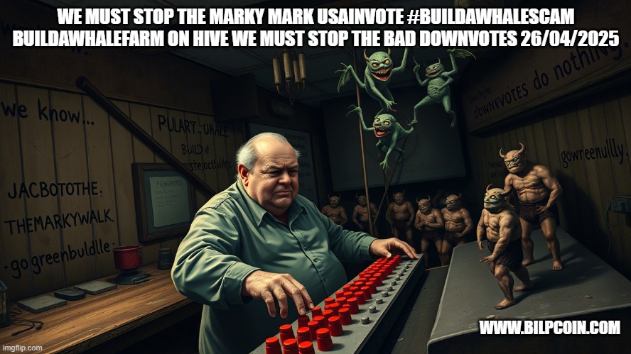 WE MUST STOP THE MARKY MARK USAINVOTE #BUILDAWHALESCAM BUILDAWHALEFARM ON HIVE WE MUST STOP THE BAD DOWNVOTES 26/04/2025; WWW.BILPCOIN.COM | made w/ Imgflip meme maker