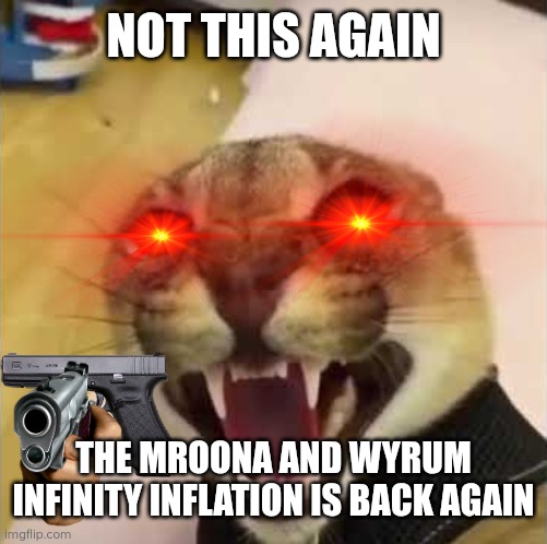 Floppa is very mad | NOT THIS AGAIN; THE MROONA AND WYRUM INFINITY INFLATION IS BACK AGAIN | image tagged in angry floppa | made w/ Imgflip meme maker