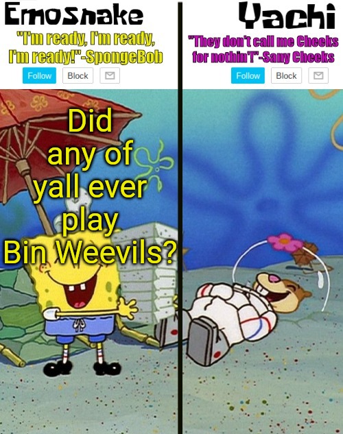 Emosnake and yachi temp | Did any of yall ever play Bin Weevils? | image tagged in emosnake and yachi temp | made w/ Imgflip meme maker
