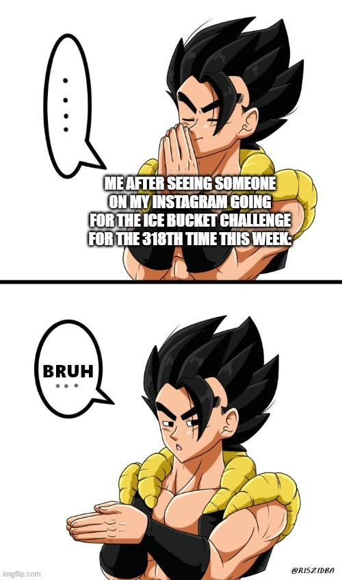AND IT'S ONLY MONDAY! (At the time) | ME AFTER SEEING SOMEONE ON MY INSTAGRAM GOING FOR THE ICE BUCKET CHALLENGE FOR THE 318TH TIME THIS WEEK: | image tagged in gogeta inhale bruh | made w/ Imgflip meme maker