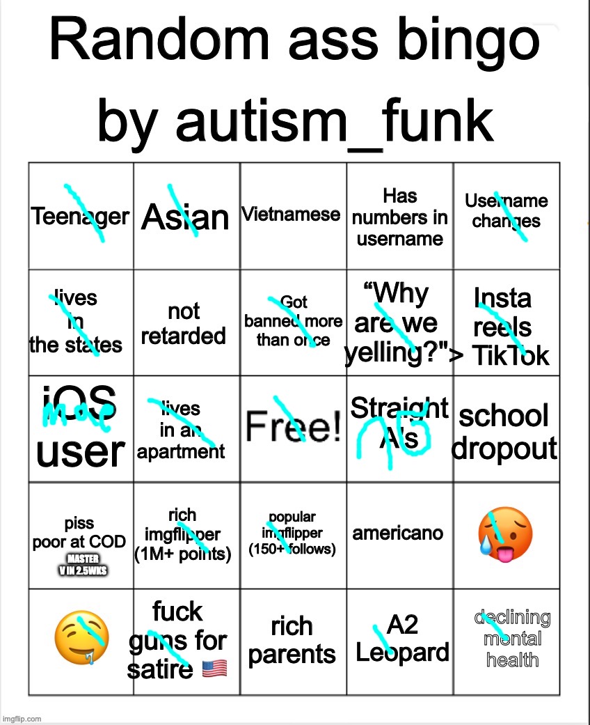 Random Ass Bingo, By Autism | MASTER V IN 2.5WKS | image tagged in random ass bingo by autism | made w/ Imgflip meme maker