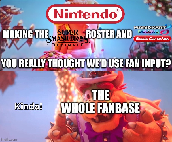 Kinda! | MAKING THE                      ROSTER AND; YOU REALLY THOUGHT WE’D USE FAN INPUT? THE WHOLE FANBASE | image tagged in kinda | made w/ Imgflip meme maker