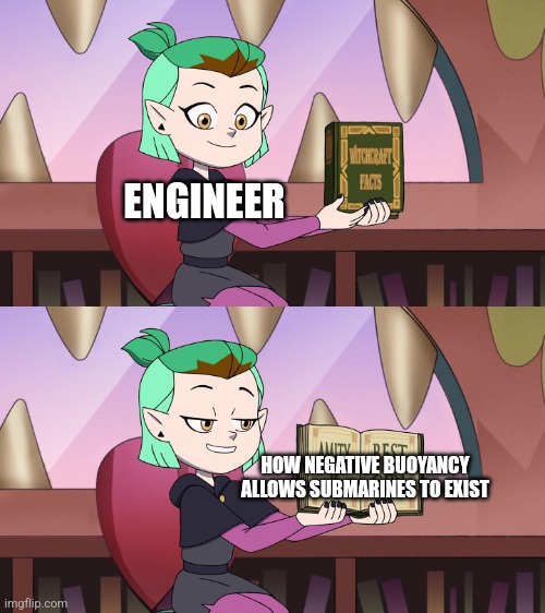 How negative buoyancy allows submarines to exist | ENGINEER; HOW NEGATIVE BUOYANCY ALLOWS SUBMARINES TO EXIST | image tagged in amity blight template,jpfan102504 | made w/ Imgflip meme maker