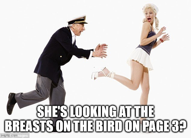 Unnecessarily lascivious man | SHE'S LOOKING AT THE BREASTS ON THE BIRD ON PAGE 3? | image tagged in unnecessarily lascivious man | made w/ Imgflip meme maker