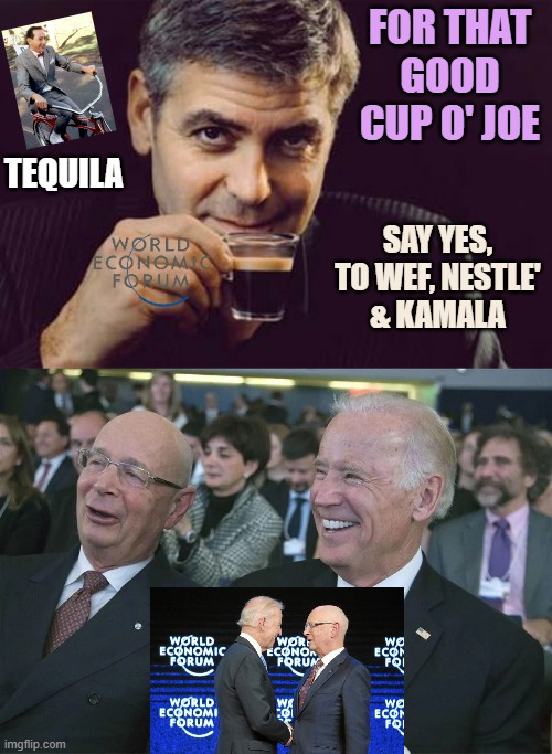 FOR THAT
GOOD CUP O' JOE SAY YES,
TO WEF, NESTLE'
& KAMALA TEQUILA | image tagged in george clooney what else,klaus schwab and joe biden | made w/ Imgflip meme maker