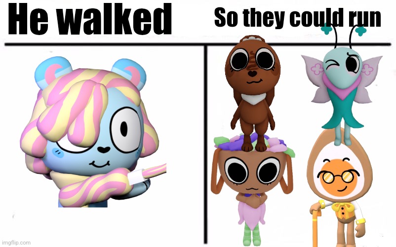 This again but with marshmallow and the easter toons | He walked; So they could run | image tagged in who would win blank,dandy's world,flavor frenzy | made w/ Imgflip meme maker