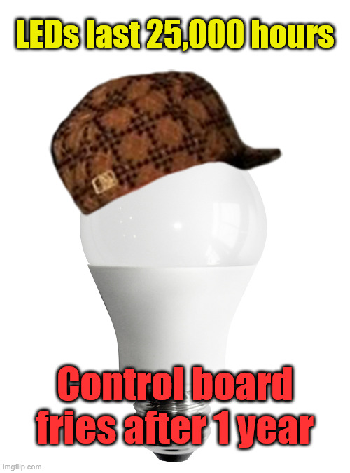 scumbag LED bulb | LEDs last 25,000 hours; Control board fries after 1 year | image tagged in scumbag led bulb | made w/ Imgflip meme maker