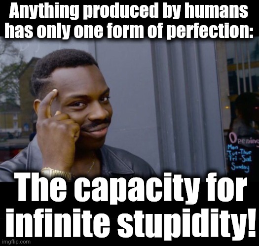 Anything produced by humans
has only one form of perfection: The capacity for
infinite stupidity! | image tagged in memes,roll safe think about it,blank black | made w/ Imgflip meme maker