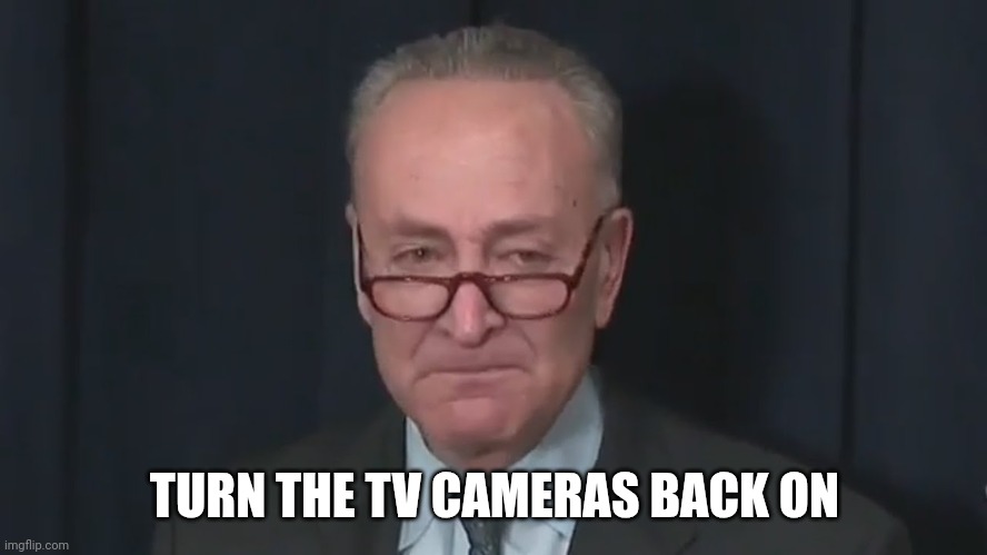 Chuck Schumer Crying | TURN THE TV CAMERAS BACK ON | image tagged in chuck schumer crying | made w/ Imgflip meme maker