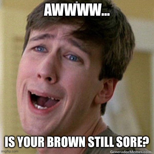 awww | AWWWW… IS YOUR BROWN STILL SORE? | image tagged in awww | made w/ Imgflip meme maker