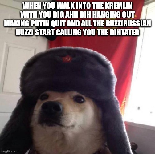 Russian Doge | WHEN YOU WALK INTO THE KREMLIN WITH YOU BIG AHH DIH HANGING OUT MAKING PUTIN QUIT AND ALL THE RUZZ(RUSSIAN HUZZ) START CALLING YOU THE DIHTATER | image tagged in russian doge | made w/ Imgflip meme maker