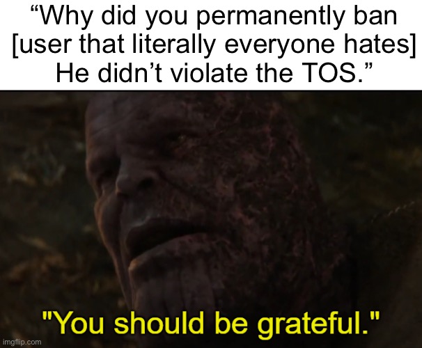 You should be grateful | “Why did you permanently ban
[user that literally everyone hates]
He didn’t violate the TOS.” | image tagged in you should be grateful | made w/ Imgflip meme maker