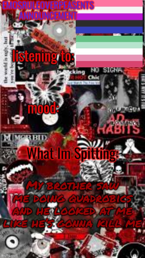 :< | My brother saw me doing quadrobics and he looked at me like he’s gonna kill me | image tagged in emosruleoverpeasents announcement temp 3 | made w/ Imgflip meme maker