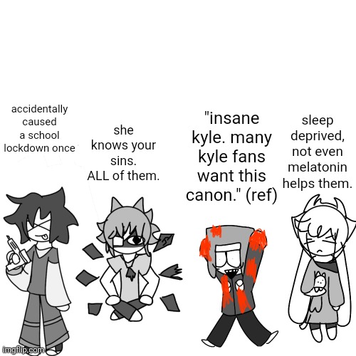 niche ass content from a fanfic no one here gives two fuckydoodles about | sleep deprived, not even melatonin helps them. she knows your sins. ALL of them. "insane kyle. many kyle fans want this canon." (ref); accidentally caused a school lockdown once | made w/ Imgflip meme maker