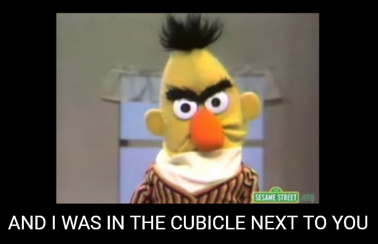 Angry Bert | AND I WAS IN THE CUBICLE NEXT TO YOU | image tagged in angry bert | made w/ Imgflip meme maker