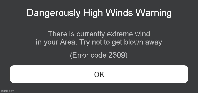 High Wind Warning | Dangerously High Winds Warning; There is currently extreme wind in your Area. Try not to get blown away; (Error code 2309) | image tagged in roblox error message | made w/ Imgflip meme maker