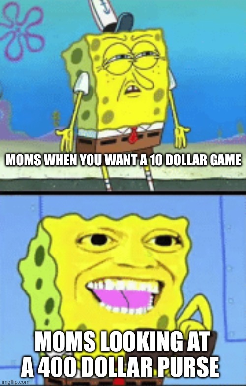 Spongebob money | MOMS WHEN YOU WANT A 10 DOLLAR GAME; MOMS LOOKING AT A 400 DOLLAR PURSE | image tagged in spongebob money | made w/ Imgflip meme maker