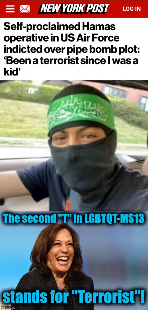 The Air Force still has diversity | The second "T" in LGBTQT-MS13; stands for "Terrorist"! | image tagged in kamala harris laughing,memes,democrats,hamas,terrorists,diversity | made w/ Imgflip meme maker