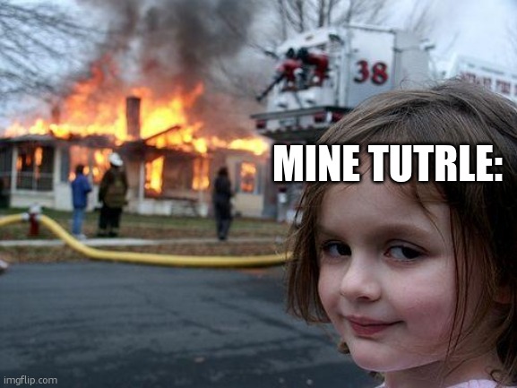 MINE TUTRLE: | image tagged in memes,disaster girl | made w/ Imgflip meme maker