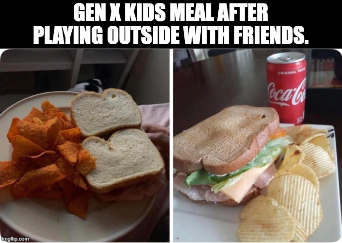 GEN X kids meal | GEN X KIDS MEAL AFTER PLAYING OUTSIDE WITH FRIENDS. | image tagged in sandwich | made w/ Imgflip meme maker