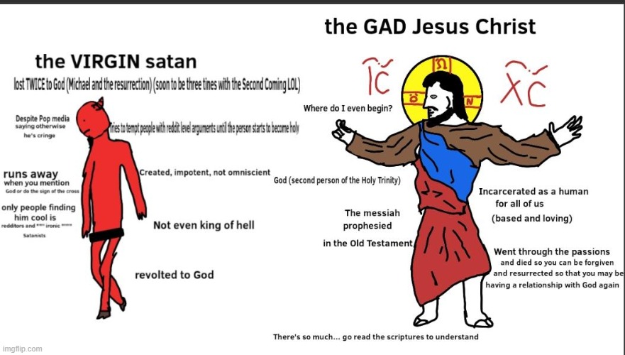 Virgin Satan Vs the Gad Jesus Christ | image tagged in virgin vs chad | made w/ Imgflip meme maker