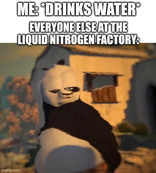 uh oh | ME: *DRINKS WATER*; EVERYONE ELSE AT THE LIQUID NITROGEN FACTORY: | image tagged in drunk kung fu panda | made w/ Imgflip meme maker