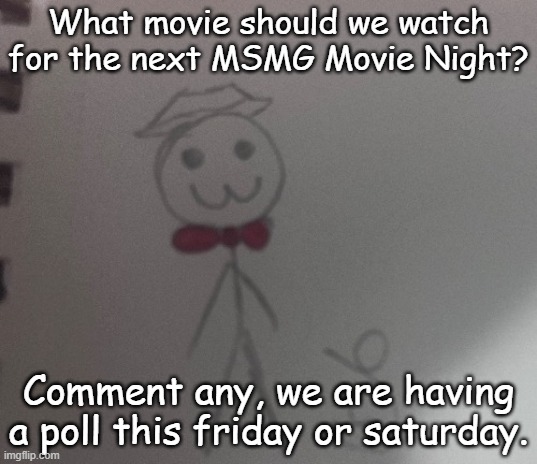 :3 stickman | What movie should we watch for the next MSMG Movie Night? Comment any, we are having a poll this friday or saturday. | image tagged in 3 stickman | made w/ Imgflip meme maker