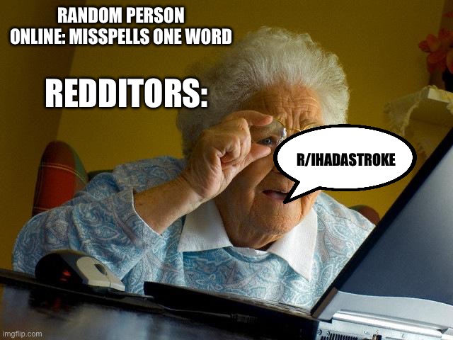 Grandma Finds The Internet | RANDOM PERSON ONLINE: MISSPELLS ONE WORD; REDDITORS:; R/IHADASTROKE | image tagged in memes,grandma finds the internet | made w/ Imgflip meme maker