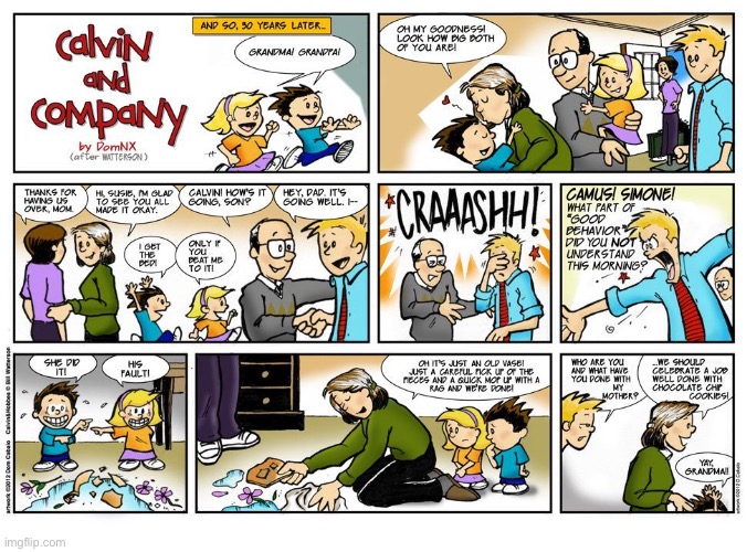 The family visits Calvin’s mom and dad… | image tagged in comics,calvin and company,calvin and hobbes,mom and dad,tribute | made w/ Imgflip meme maker