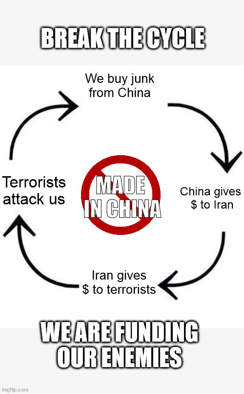 Follow the $ | BREAK THE CYCLE; We buy junk from China; MADE 
IN CHINA; Terrorists attack us; China gives
 $ to Iran; Iran gives $ to terrorists; WE ARE FUNDING OUR ENEMIES | image tagged in the circle of life,terrorists,iran,china,made in china | made w/ Imgflip meme maker