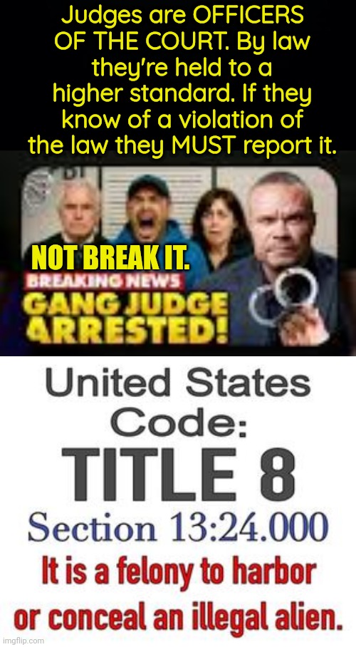 Judges are OFFICERS OF the court - they're required to report crimes | Judges are OFFICERS OF THE COURT. By law they're held to a higher standard. If they know of a violation of the law they MUST report it. NOT BREAK IT. | image tagged in black background,democrats,judge | made w/ Imgflip meme maker