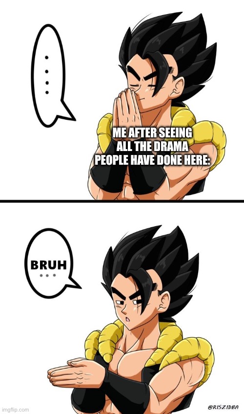 Does it REALLY need to be mostly NSFW? | ME AFTER SEEING ALL THE DRAMA PEOPLE HAVE DONE HERE: | image tagged in gogeta inhale bruh | made w/ Imgflip meme maker