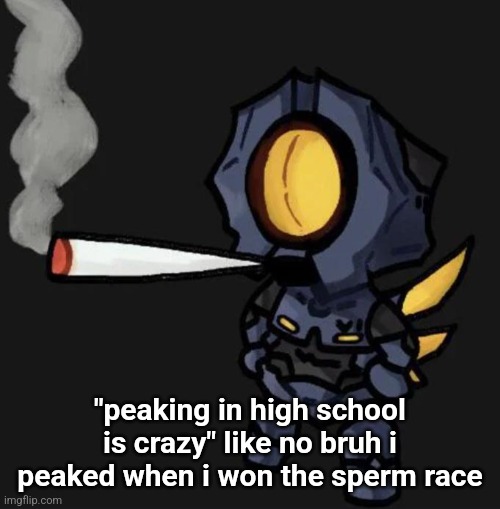 V1 smoking a fat one | "peaking in high school is crazy" like no bruh i peaked when i won the sperm race | image tagged in v1 smoking a fat one | made w/ Imgflip meme maker